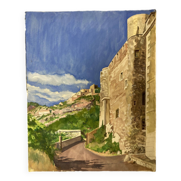 Aquarelle Paysage provençal aux remparts fortifiés