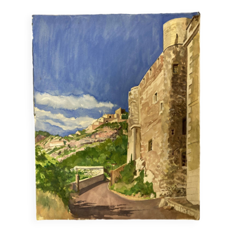 Watercolor Provencal landscape with fortified ramparts