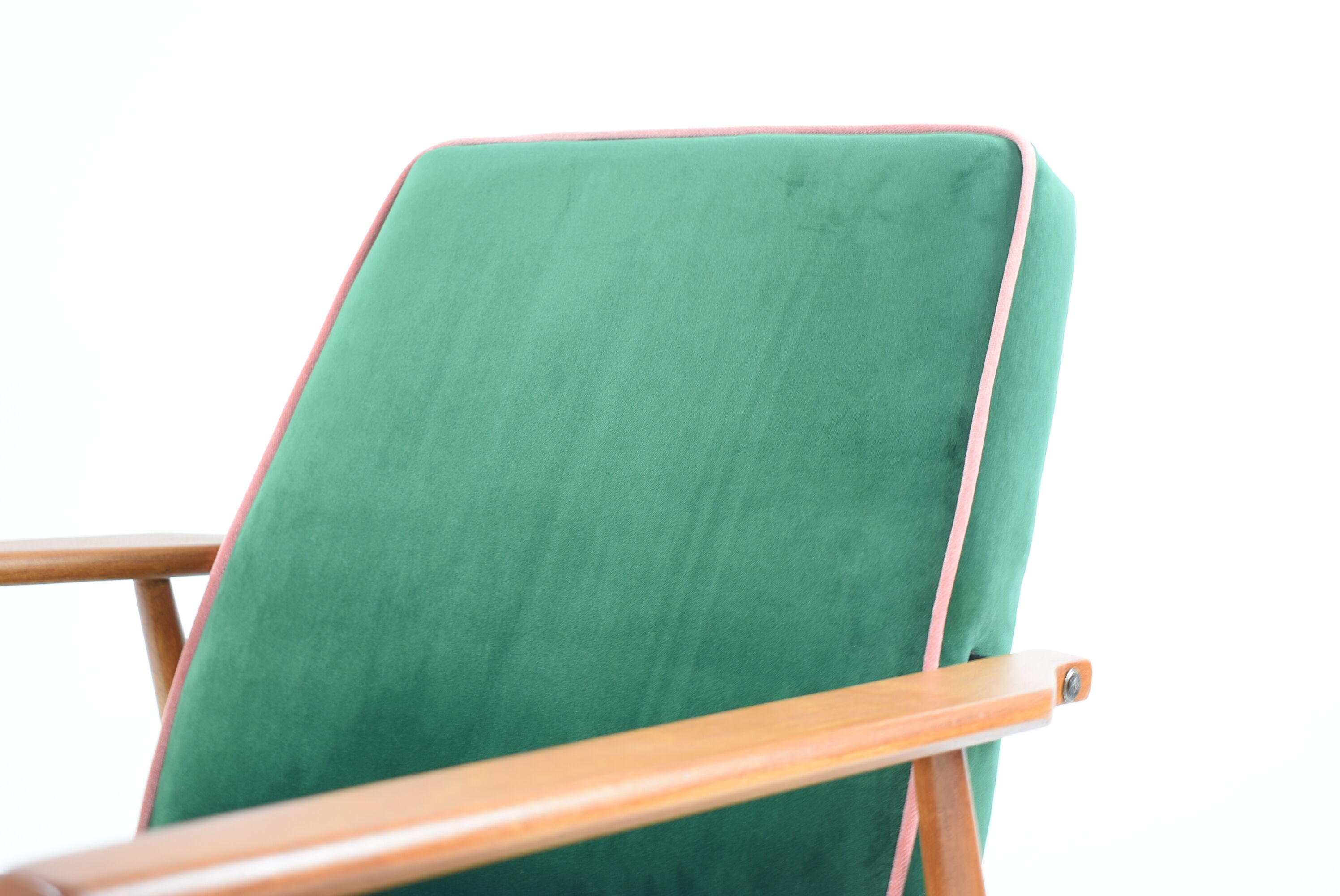 Vintage armchair, fully renovated, 1970s, green bottle velvet, pink edge