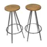 Set of 2 chrome and wood bar stools