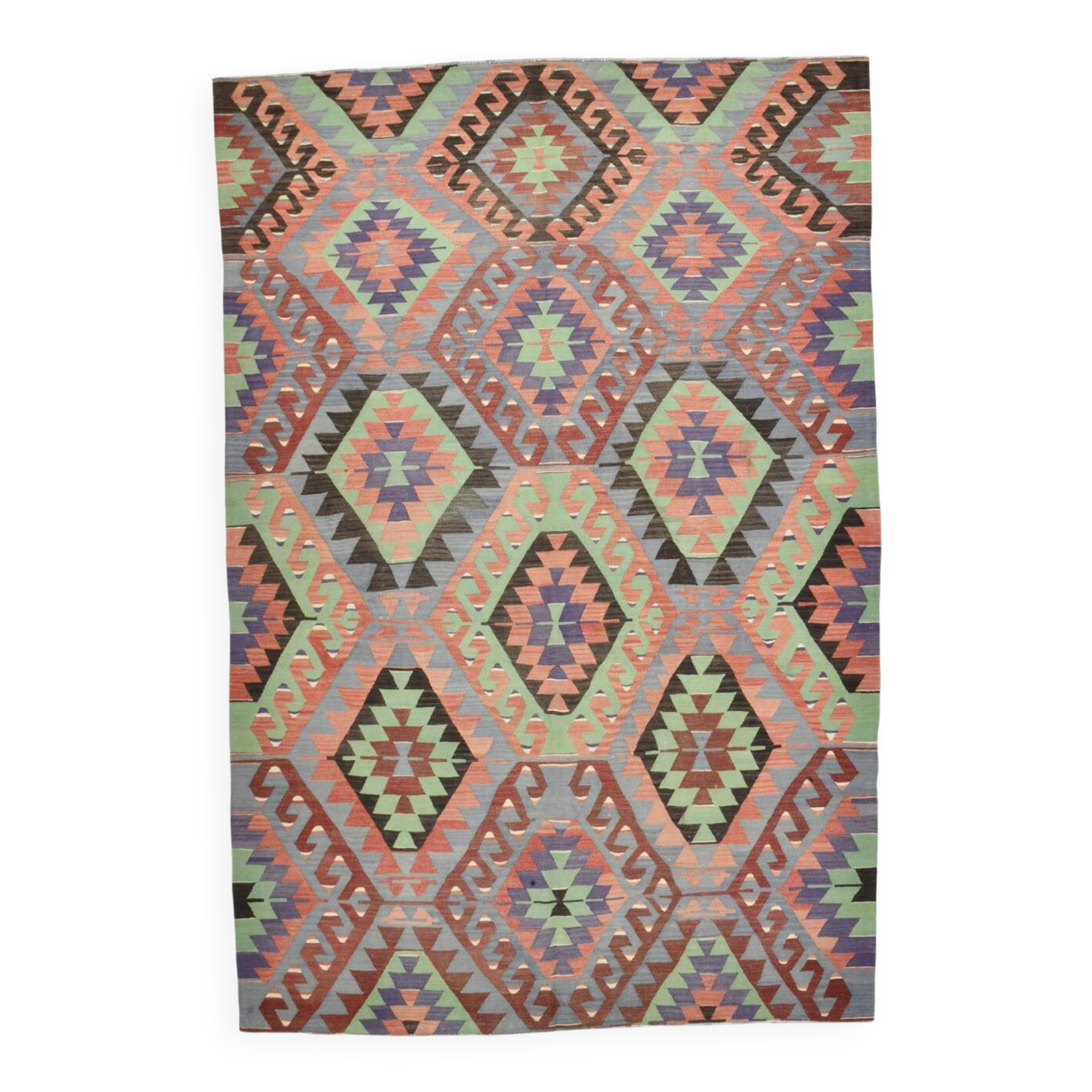 6x9 Green & Salmon Geometric Kilim Rug, 177x266Cm