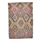 Tapis kilim géométrique vert et saumon 6x9, 177x266 cm