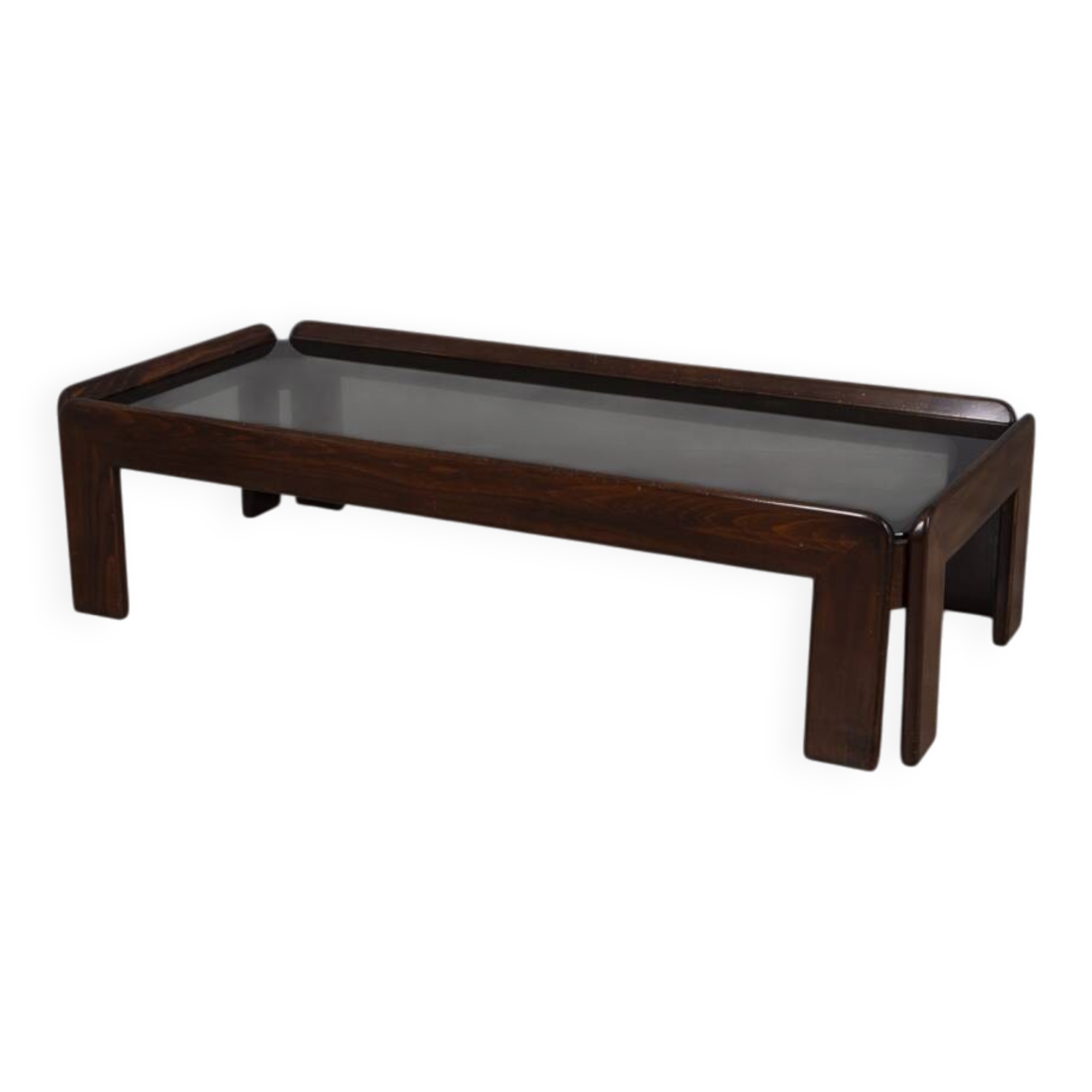 VINTAGE 1970S COFFEE TABLE IN WOOD AND GLASS DESIGNED AFRA E TOBIA SCARPA
