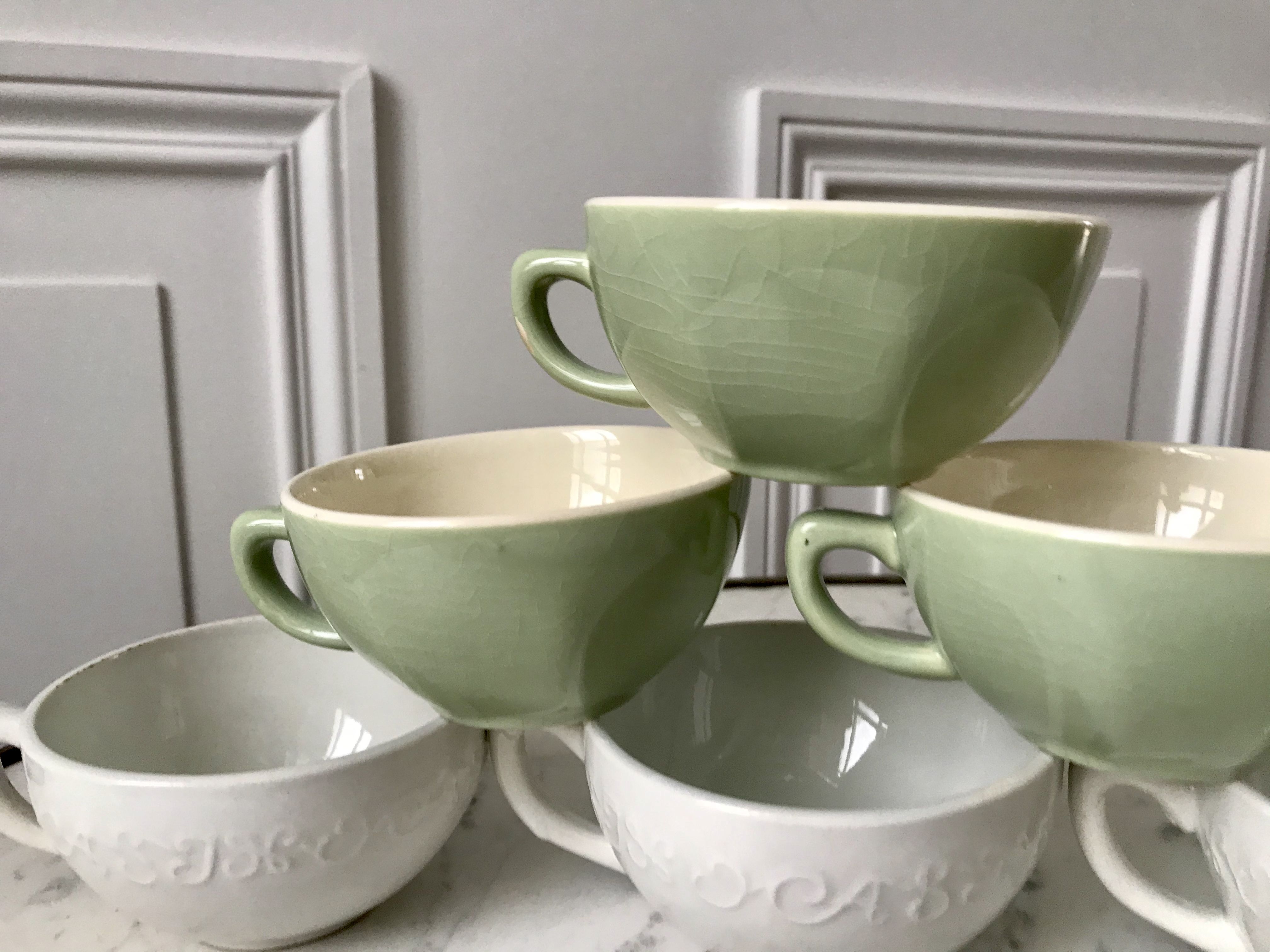 Set of 6 coffee cups Digoin letters and Villeroy & Boch green sage 50s-60s