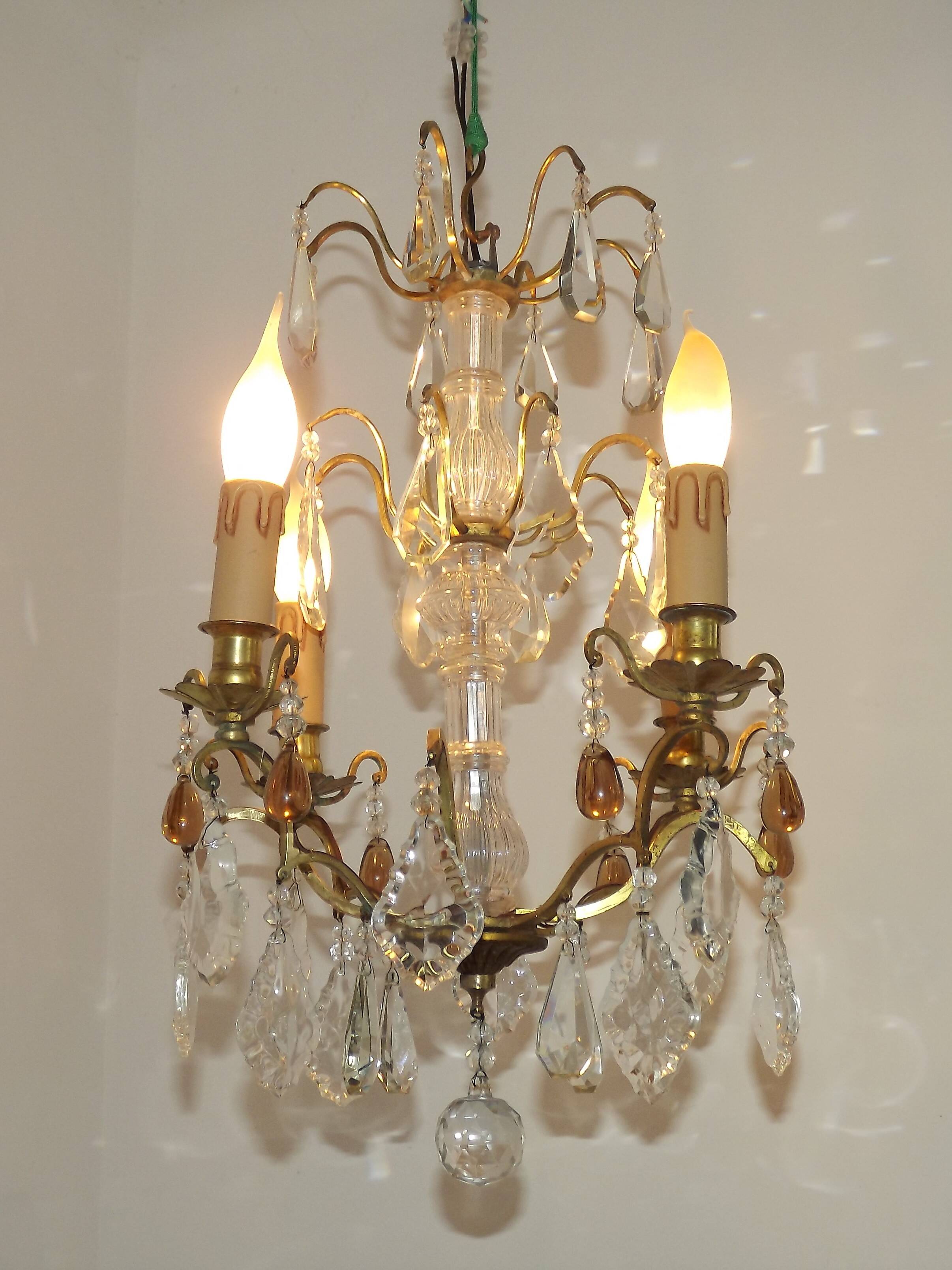French vintage brass glass crystal 4 light chandelier with Murano droplets 4991