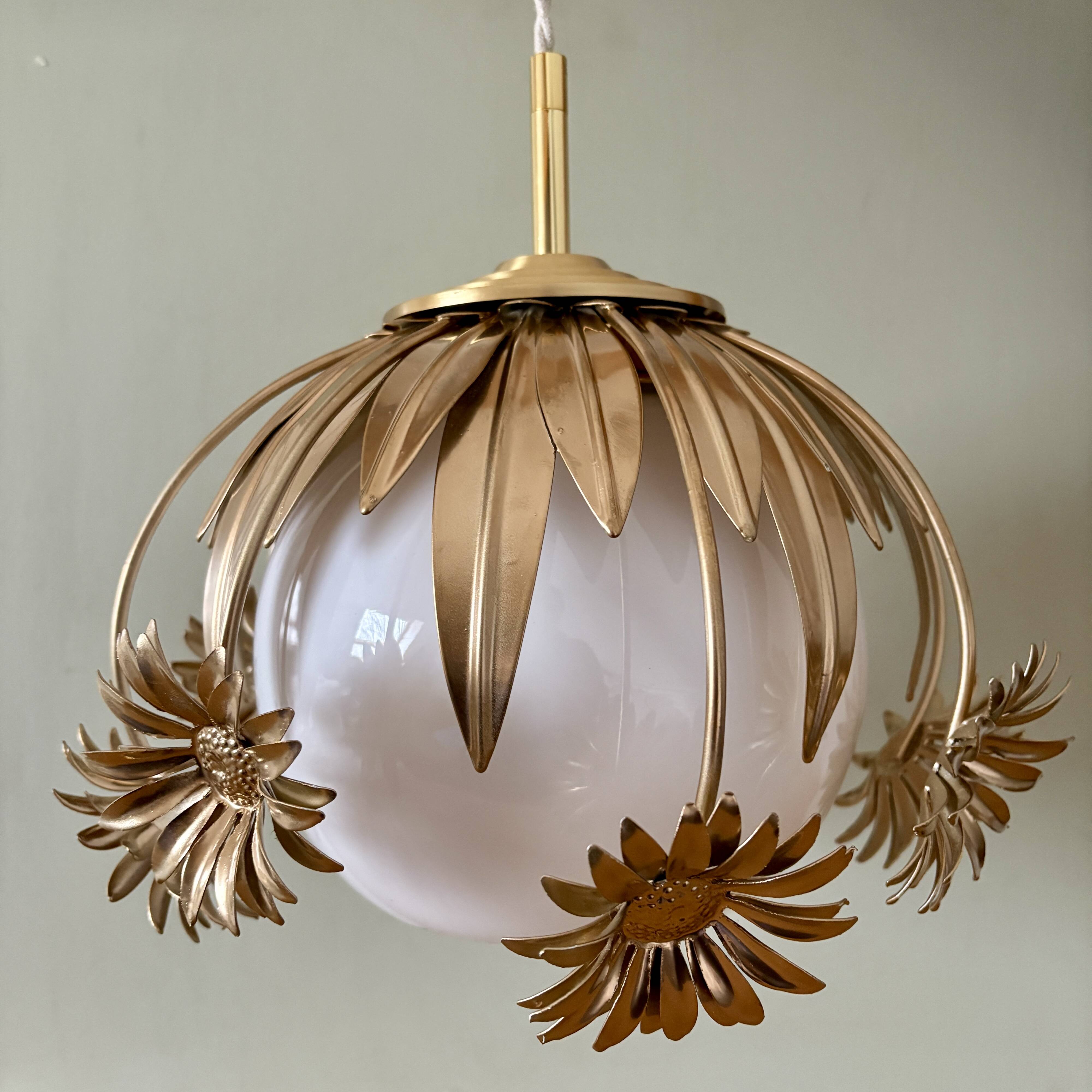 Pendant light in gilded metal and antique opaline globe
