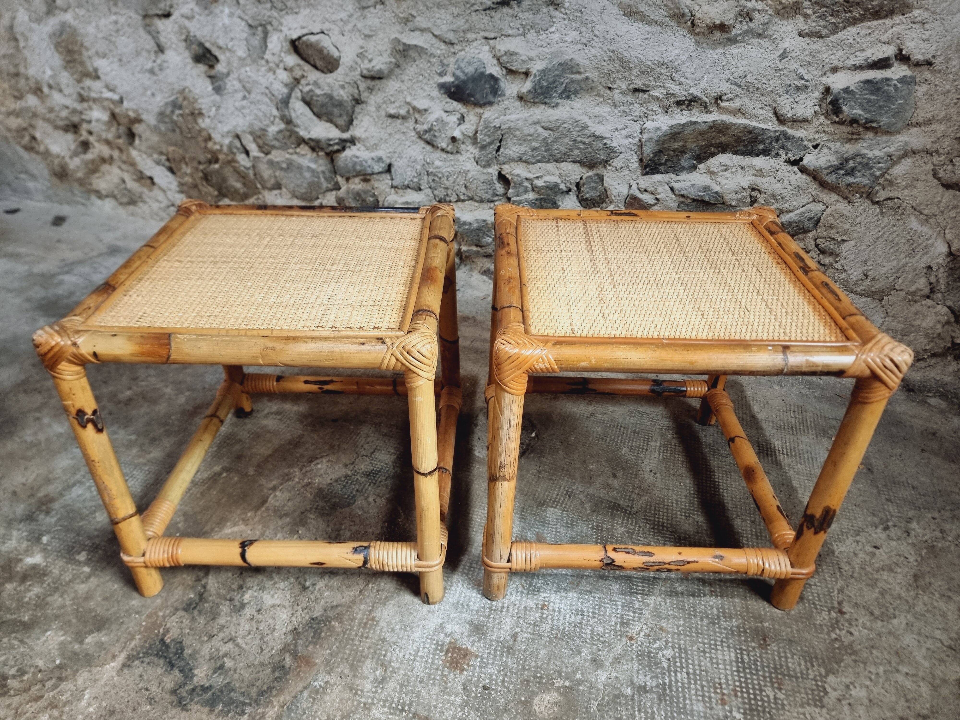 Vintage bamboo and rattan side tables – France, 1970s
