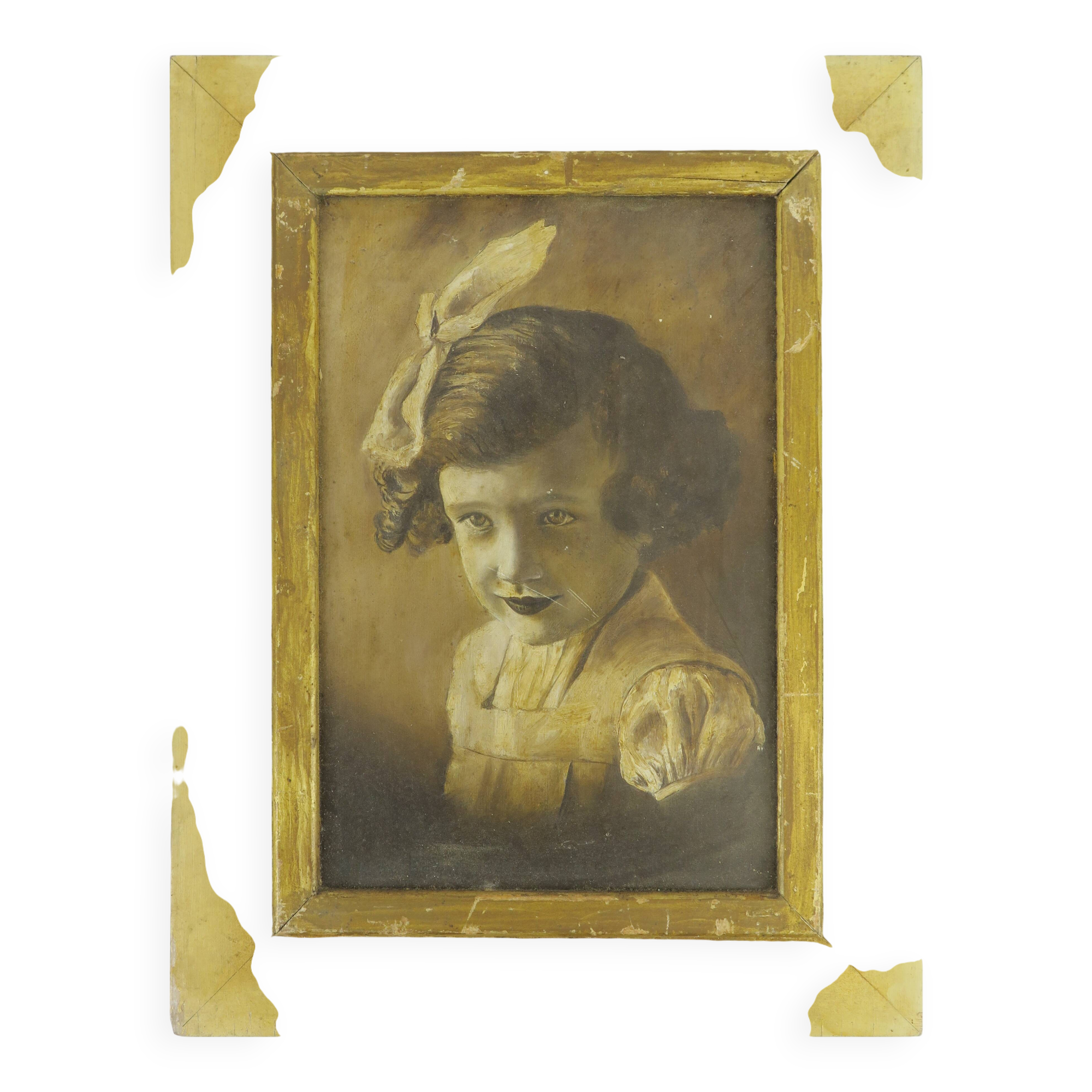 Antique oil painting portrait young lady oil on panel with gilded frame