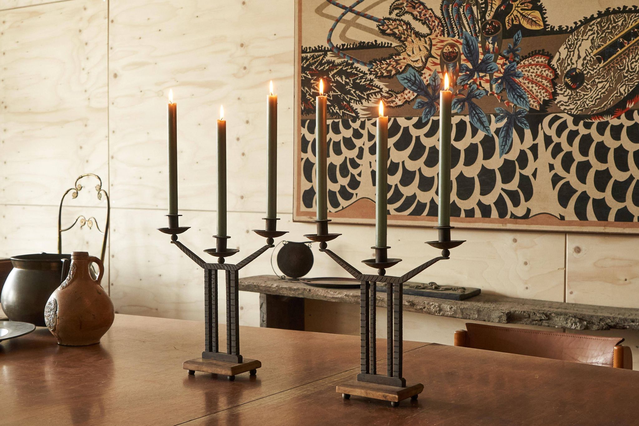 Art Deco pair of candle holders in wrought iron and stone