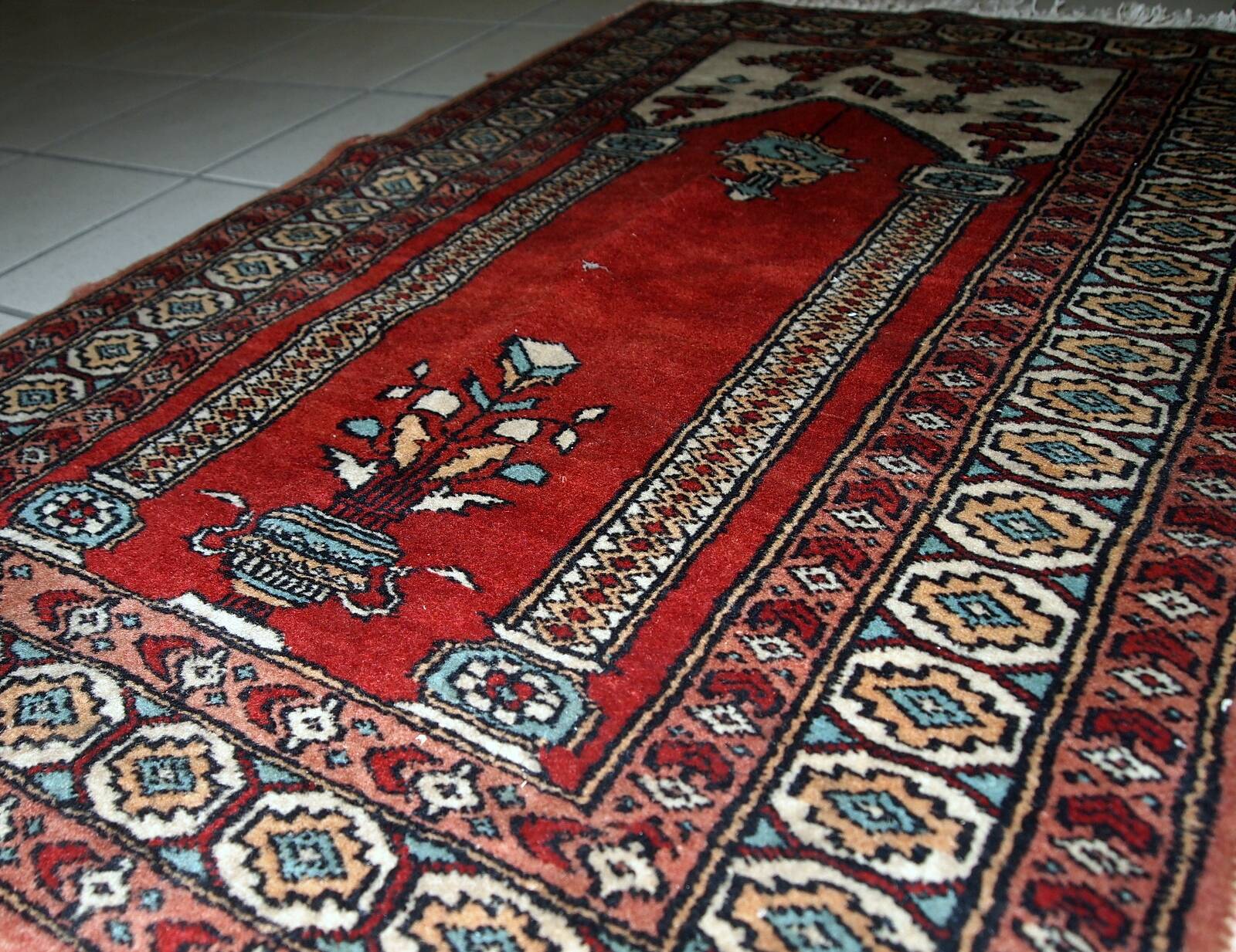 Tapis de prière vintage fait main Lahore pakistanais 62cm x 92cm (1970s)
