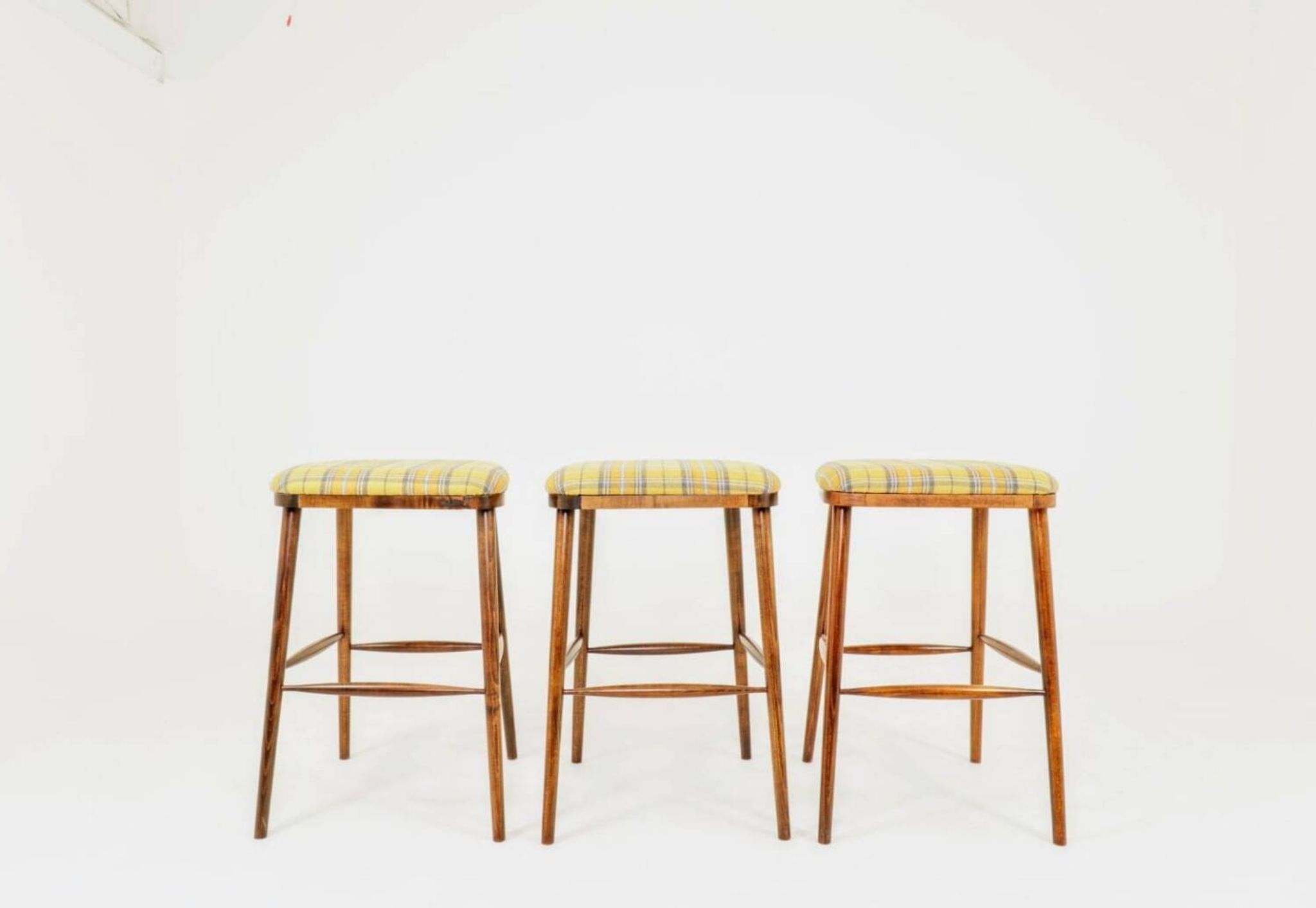 Set of three bar stools in vintage style rustic wood wool upholstery