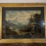 Painting fixed under glass depicting a lake view with the Alps in the background (B)