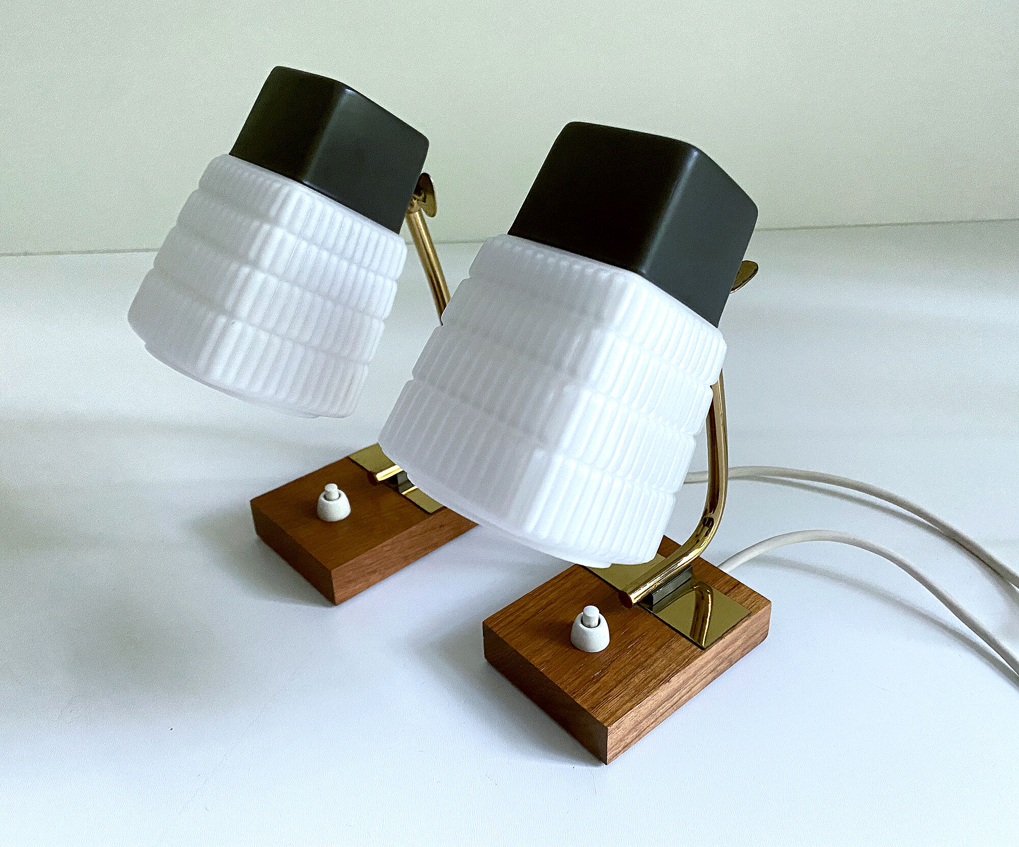 Pair of vintage Scandinavian lamps, teak and glass, 60s
