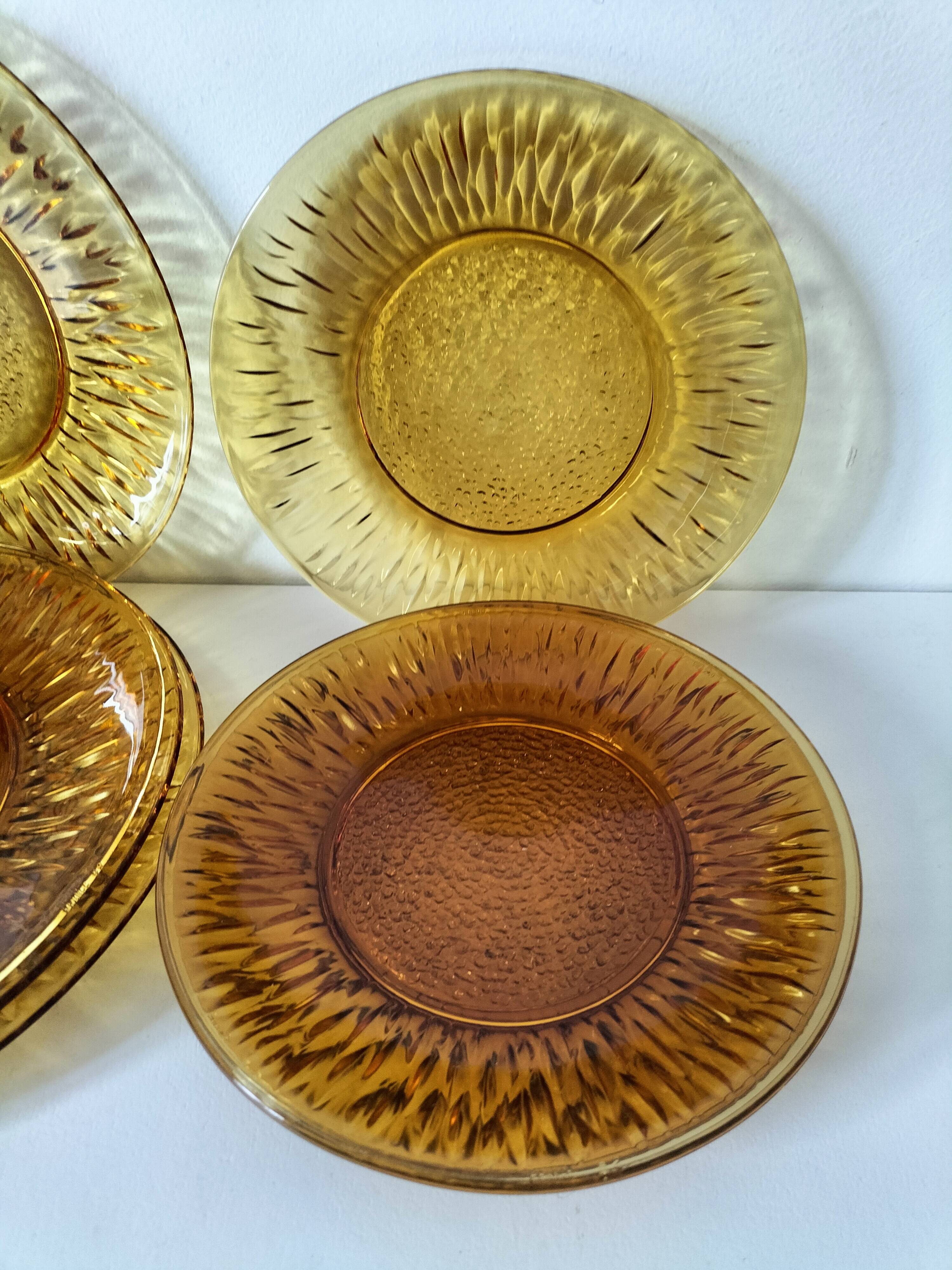 Vereco Sunflower amber plates – 8 vintage pieces (4 dinner plates, 4 dessert plates)