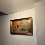 Tableau ancien, Nature morte ou roses et fruits début XX siècle