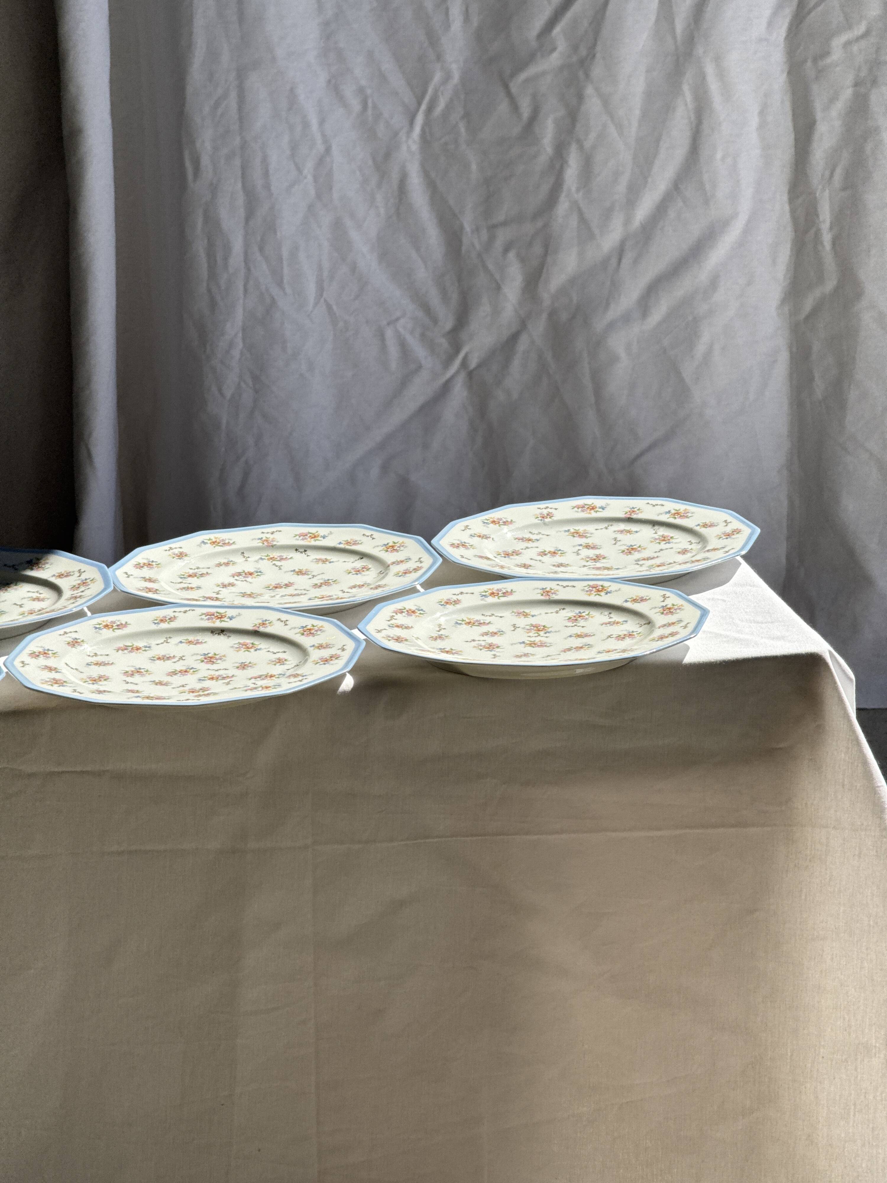 Set of 10 flat plates in Limoges porcelain from France with flowers.