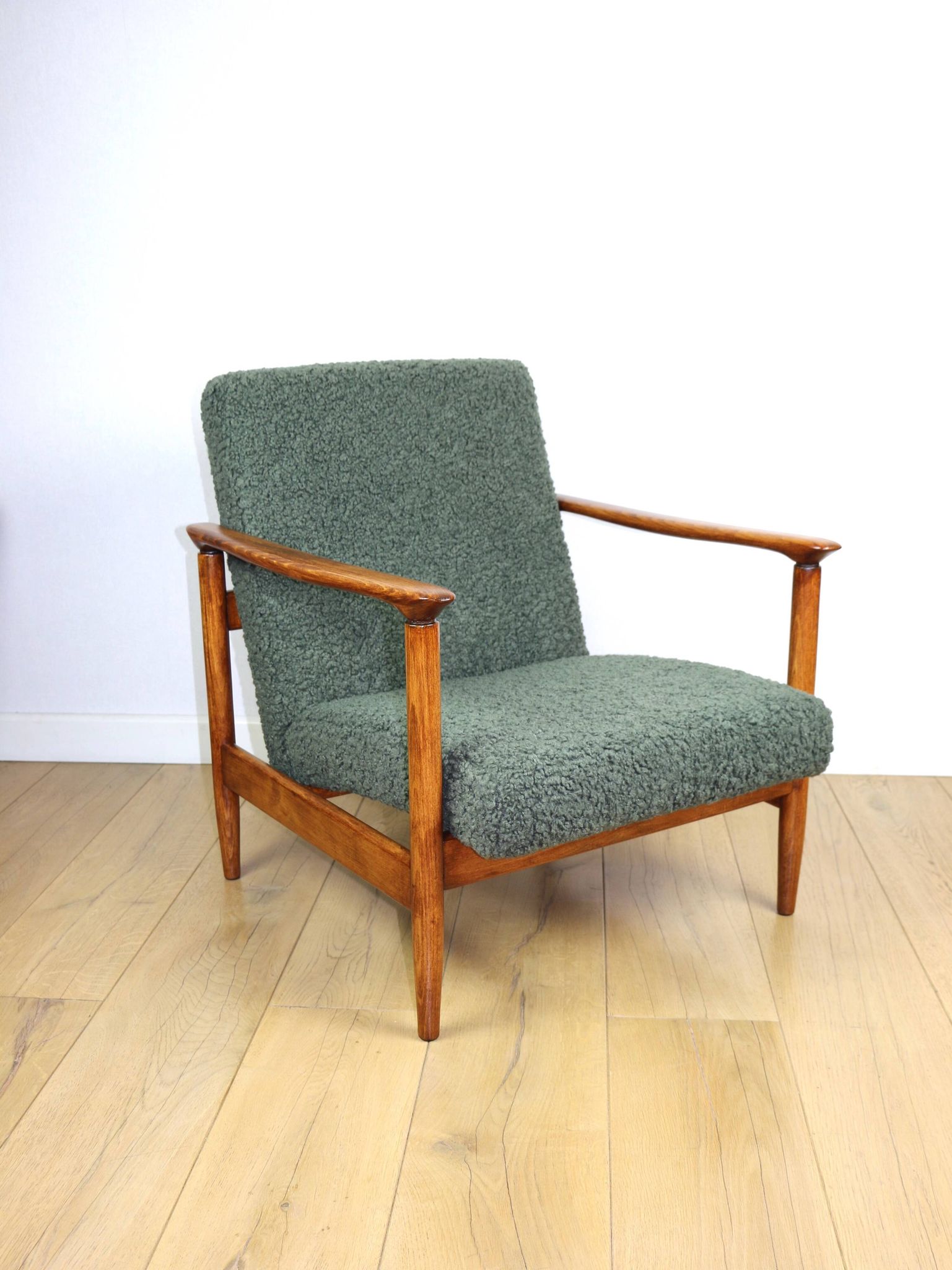 GFM-142 armchair, design by Edmund Homa from the 70s, olive green thick boucle - 2 pieces available