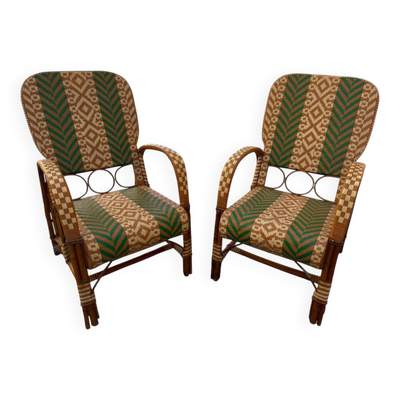 Fauteuils en rotin éclissé style Audoux Minet des années 50 F