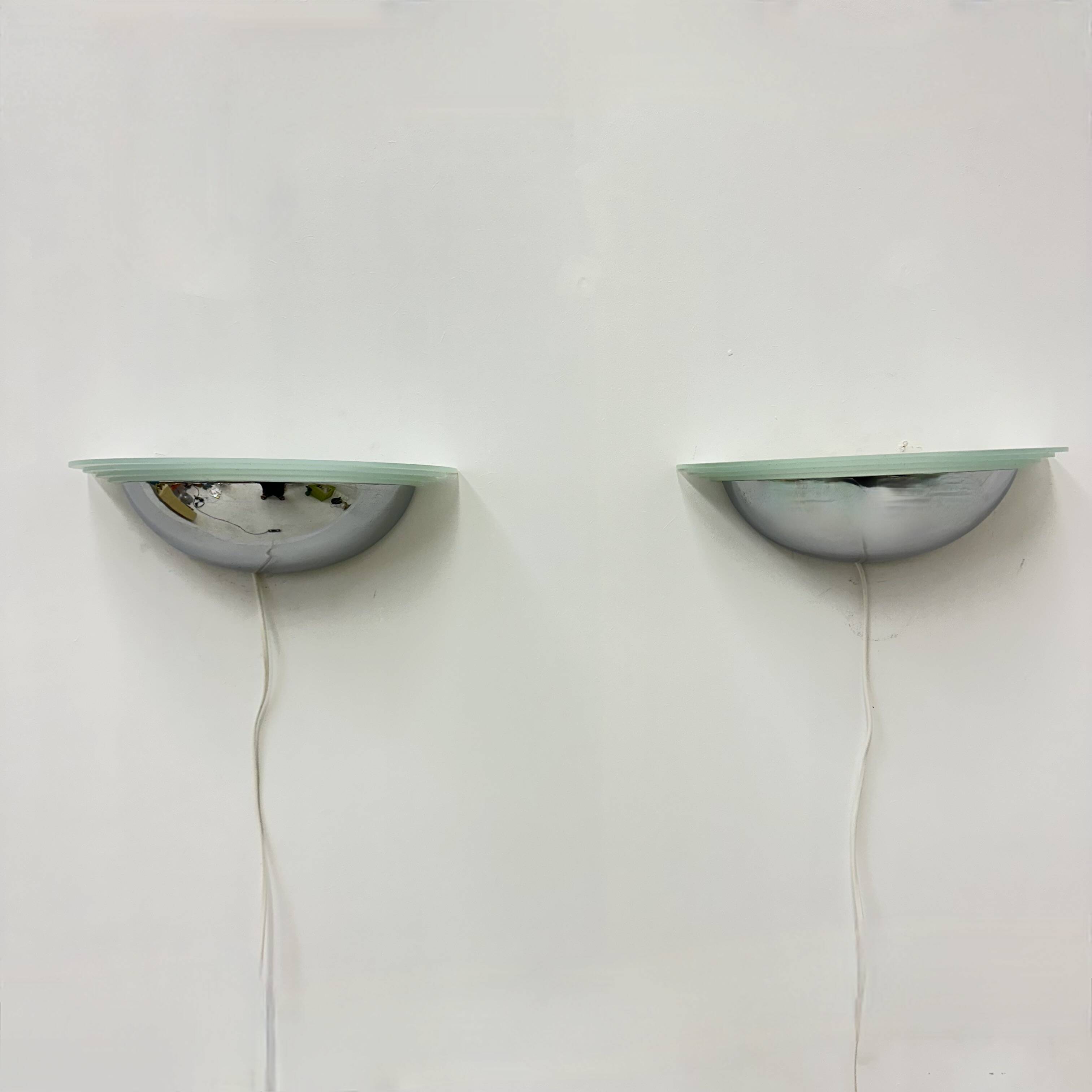 Pair of post modern wall lamps chrome and glass , 1980s