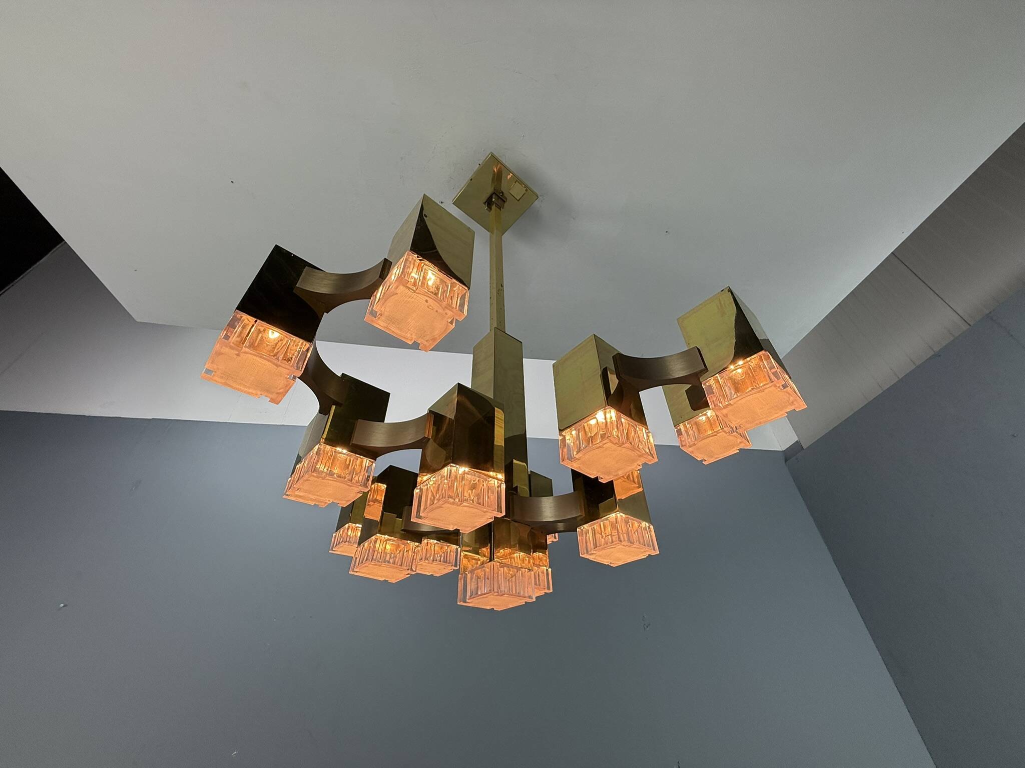 Lustre cubique Sciolari, 17 lumières, Italie des années 1970