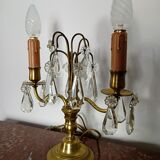 Pair of bronze girandoles with crystal pendants, two arms of lights.