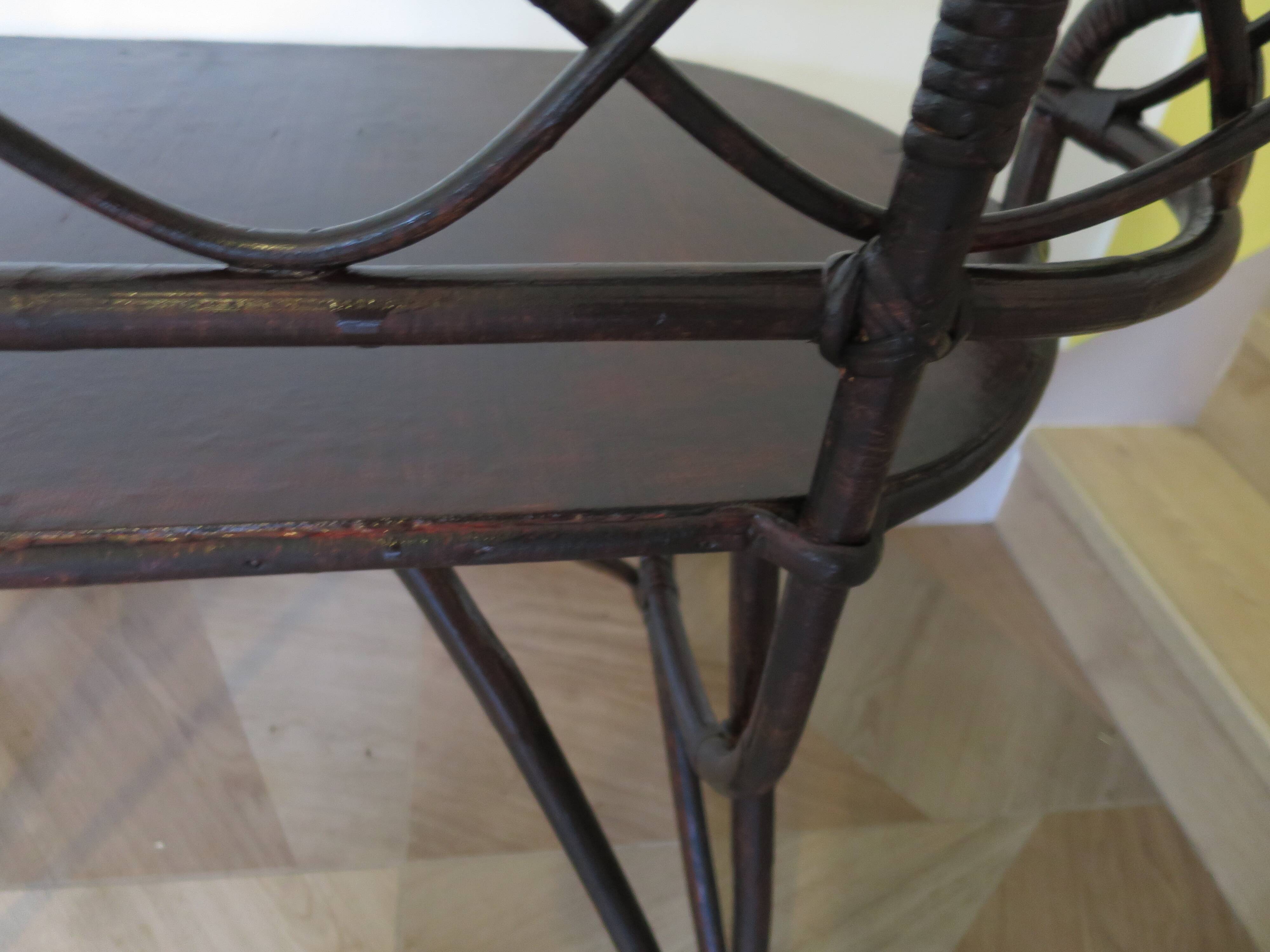 Vintage children's desk console bamboo rattan curved wood Thonet style 80s dark mahogany