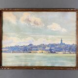 Watercolor on paper representing a port at the beginning of the 20th century, baguette frame