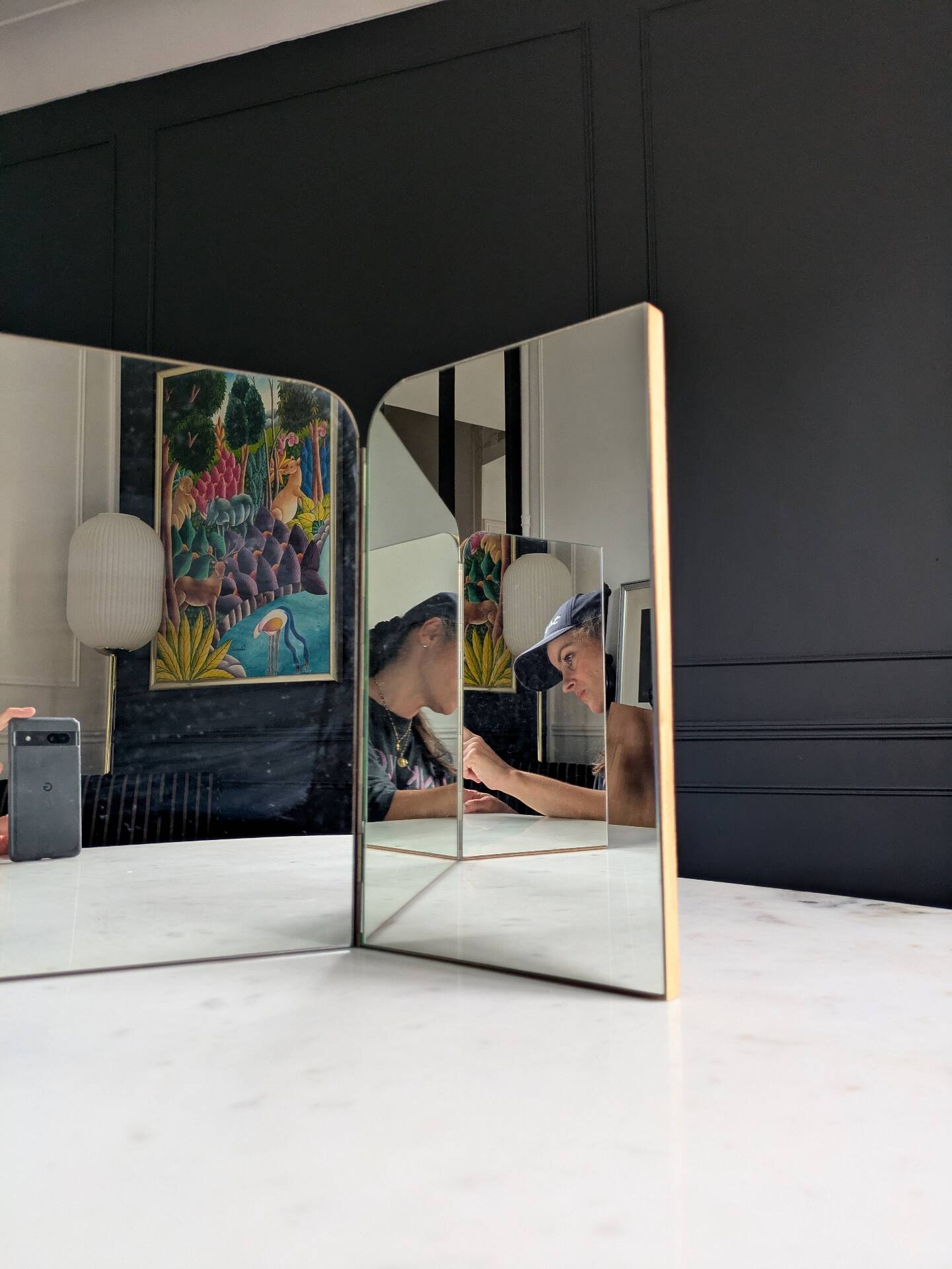 Mid-century tabletop triptych dressing mirror