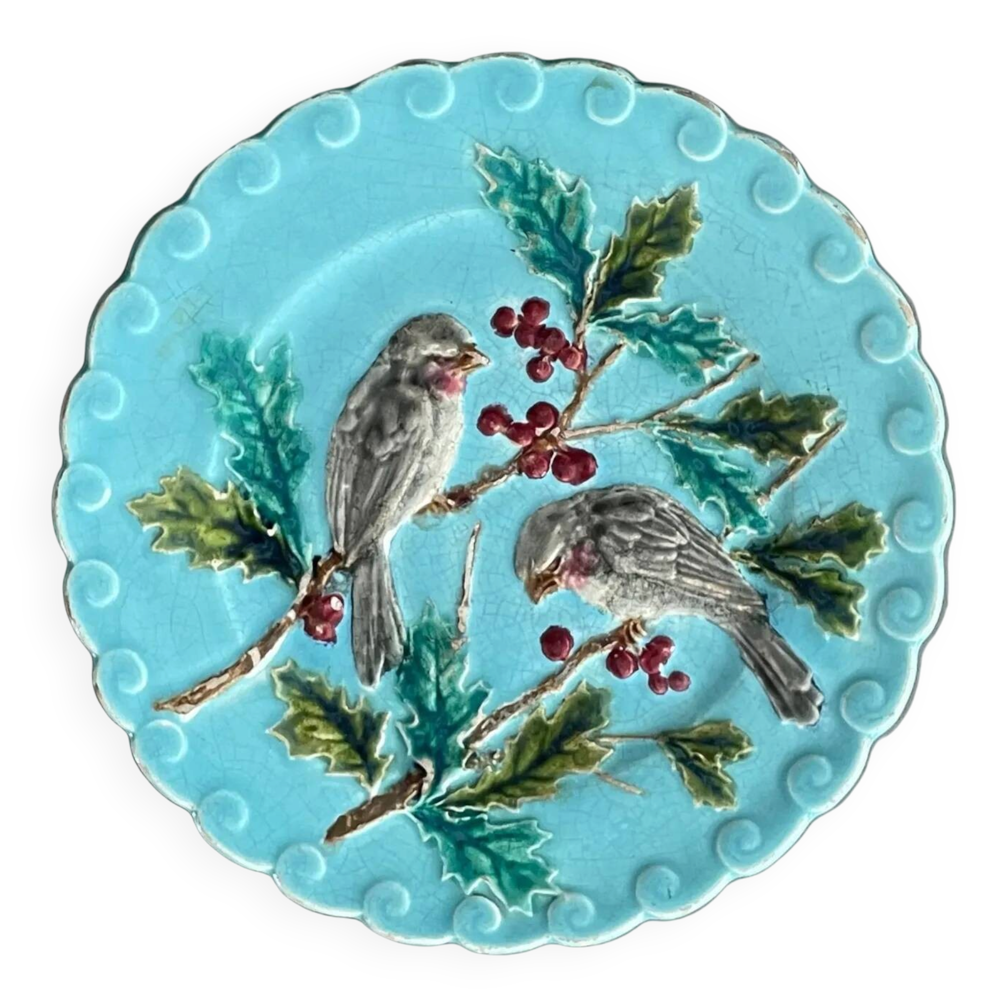 Plate with birds and holly in Sarreguemines majolica from the 19th century - Barbotine - Ref 1158