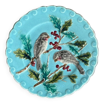 Assiette oiseaux et houx en majolique Sarreguemines XIXème - Barbotine - Ref 1158