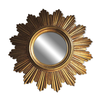 Ancien miroir soleil / sorcière doré à la feuille