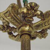 Art Nouveau three-light chandelier in bronze with orange and green glass shade, France.