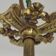 Lustre 3 feux Art Nouveau en bronze avec abat-jour en verre orange et vert, France