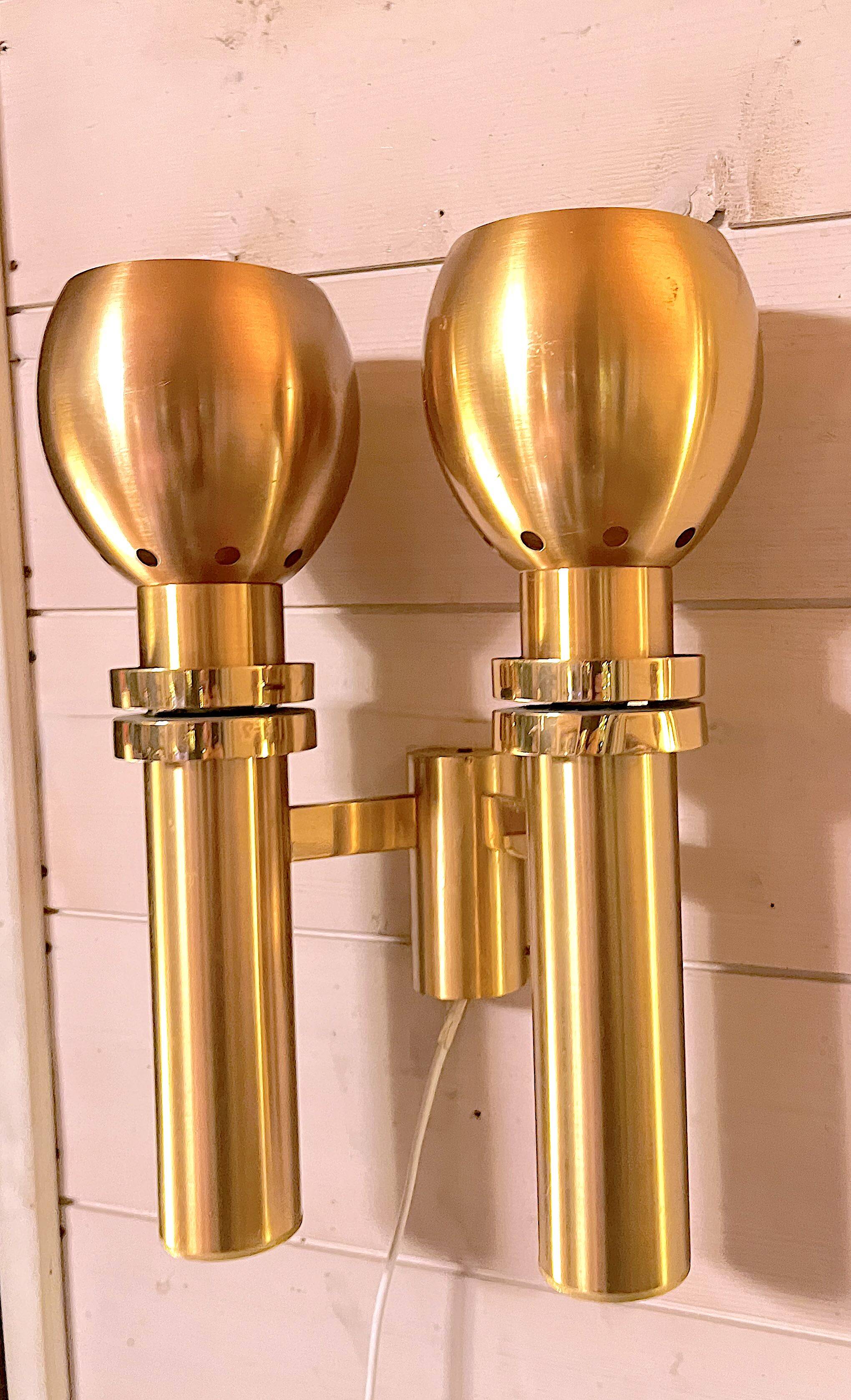 Three Large Scandinavian Brass Sconces, Mid Century