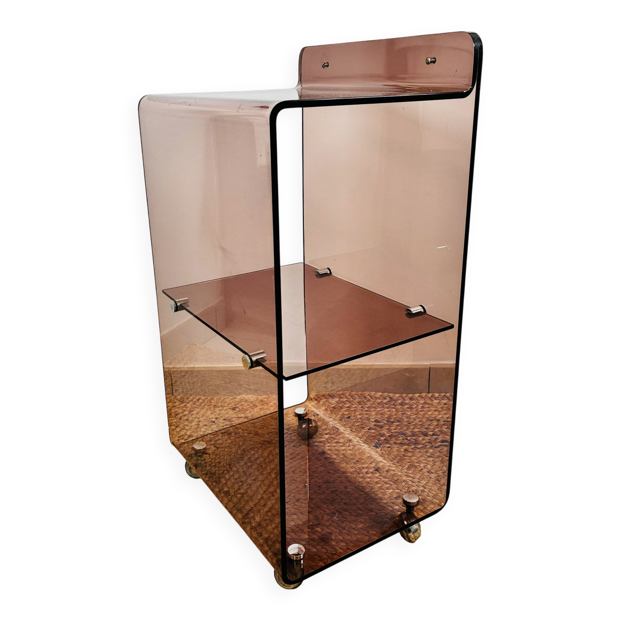 Vintage dessert table by Eric Maville in smoked Plexiglas and chrome, Roche Bobois 1970.