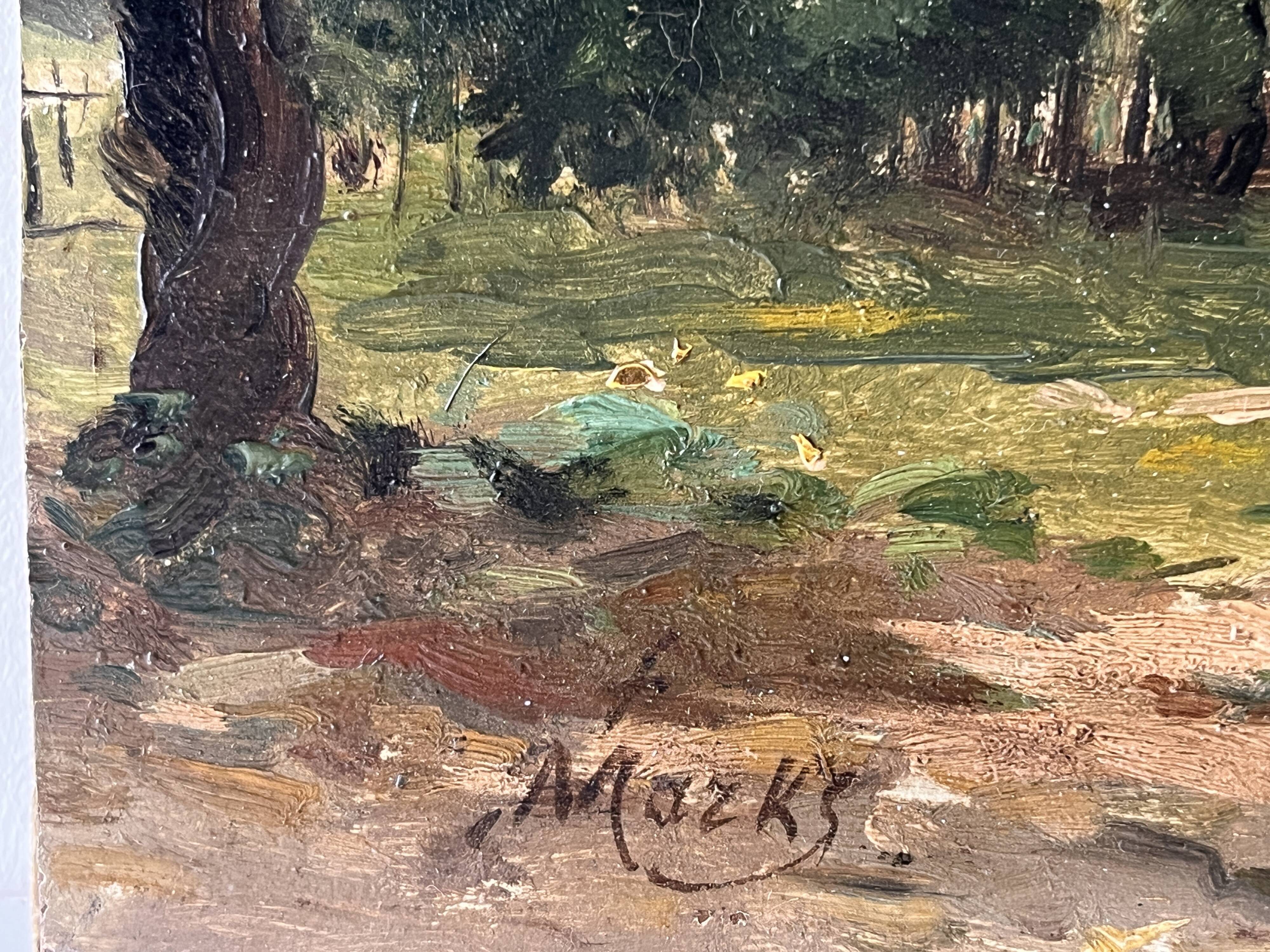 Oil painting of a countryside landscape circa 1920, rural scene signed.