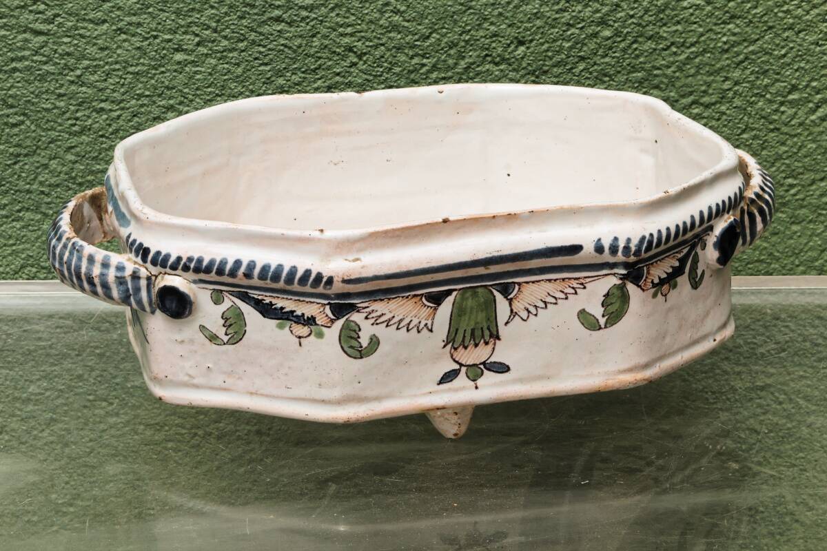 Cut-corner jardinière, in Rouen faience, 18th century