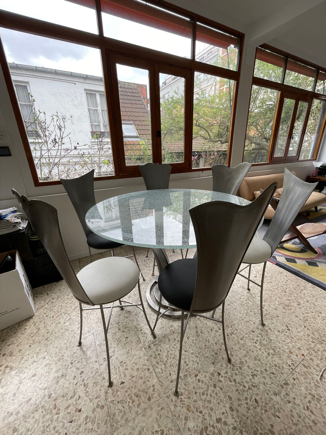 Design glass and steel high table 6-8 seats