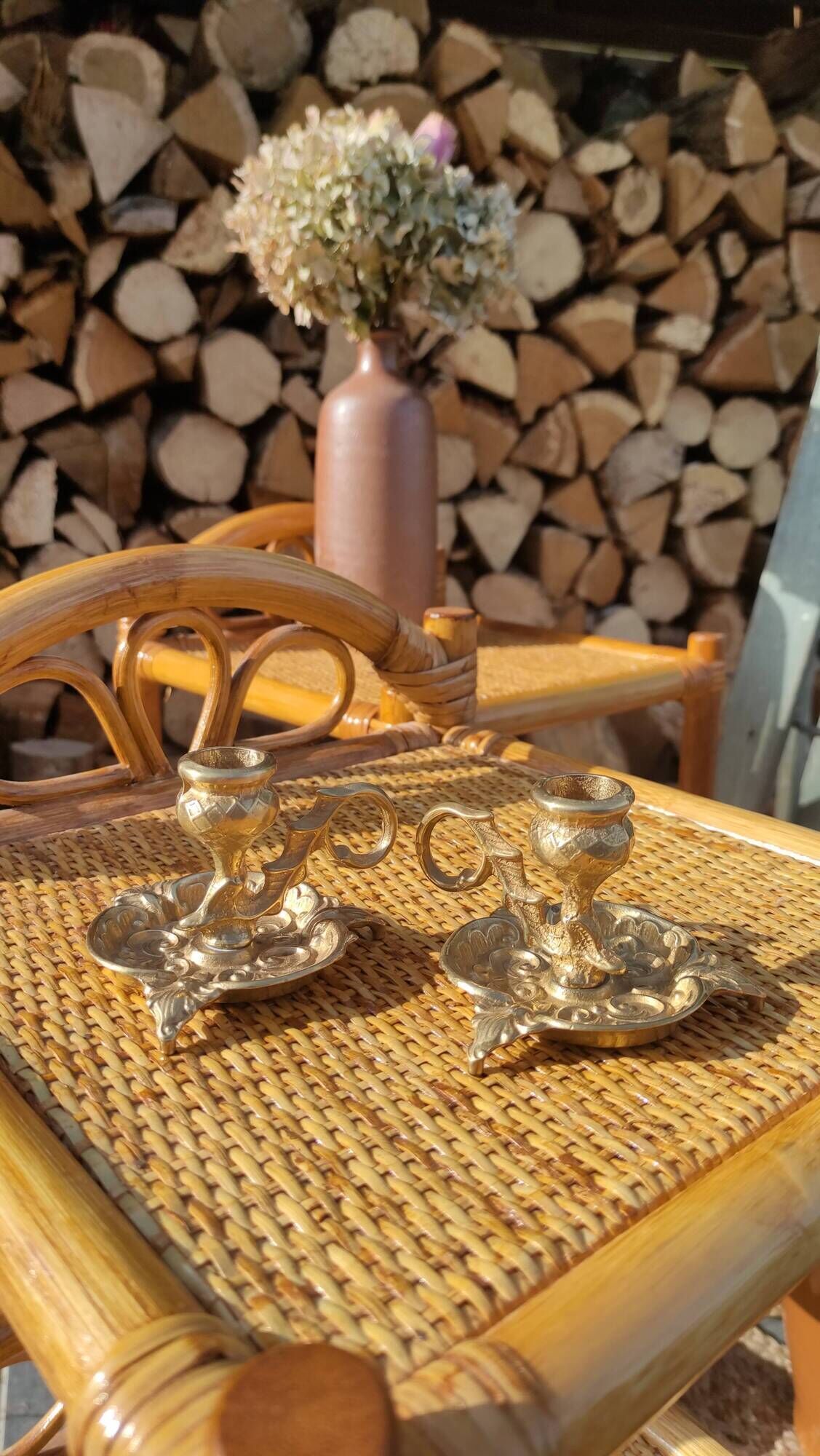 Pair of vintage solid brass candle holders