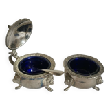 Ancien Saleron et Moutardier en Métal Argenté et Verre Bleu