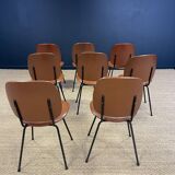 Set of 8 retro bistro chairs in cognac leatherette and black steel legs
