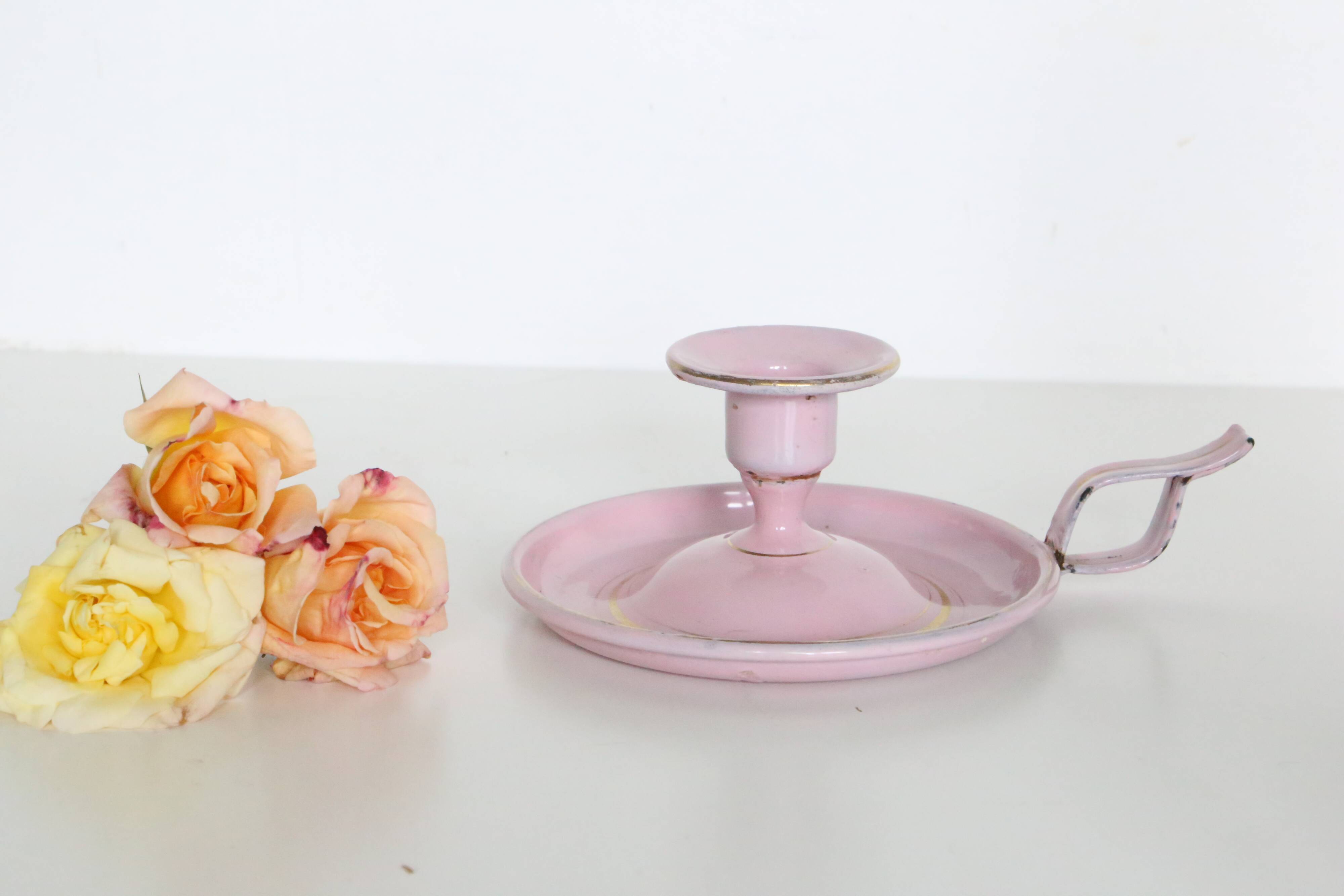 Pink cellar rat candleholder, enamelled metal, vintage