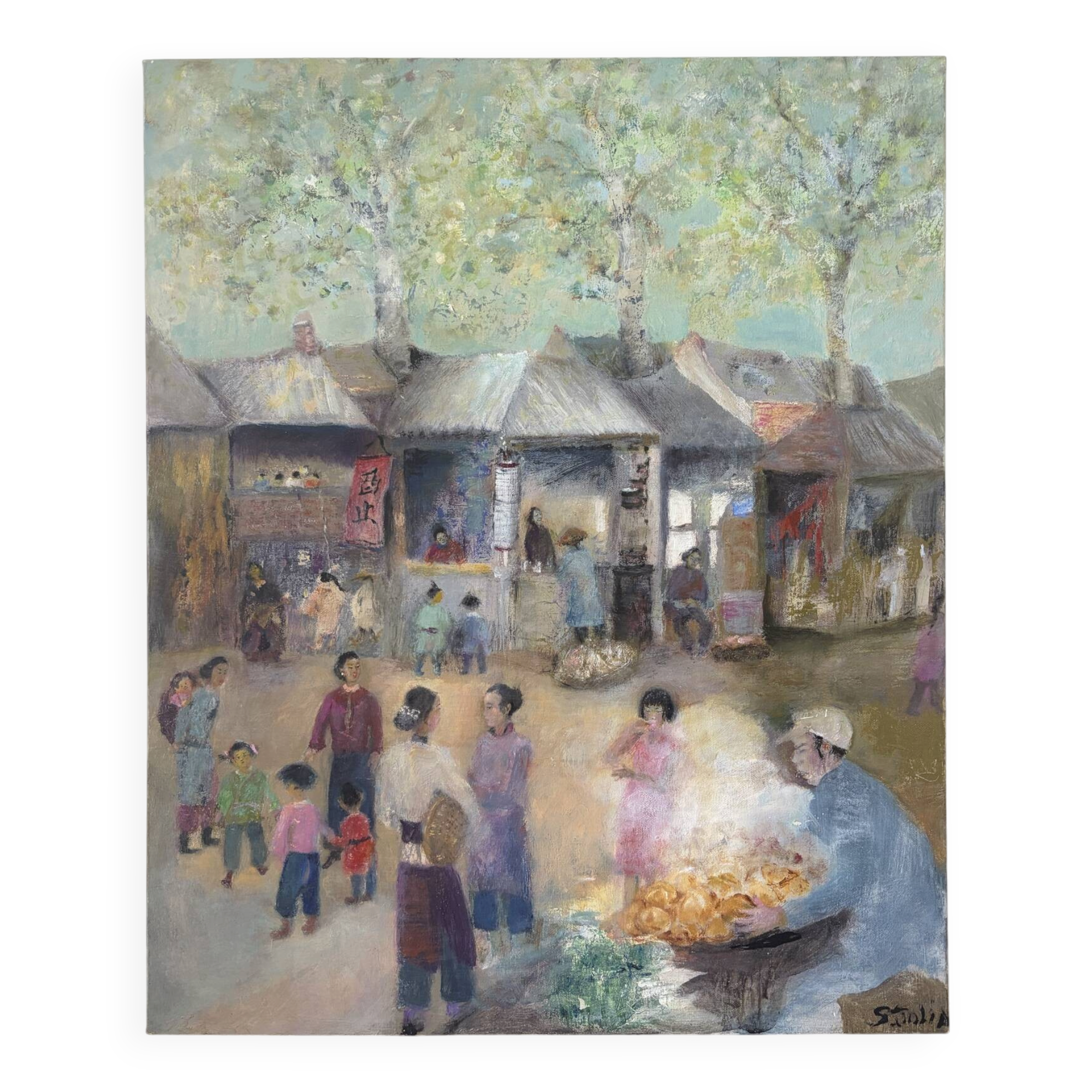 Scène de rue chinoise, huile sur toile signée