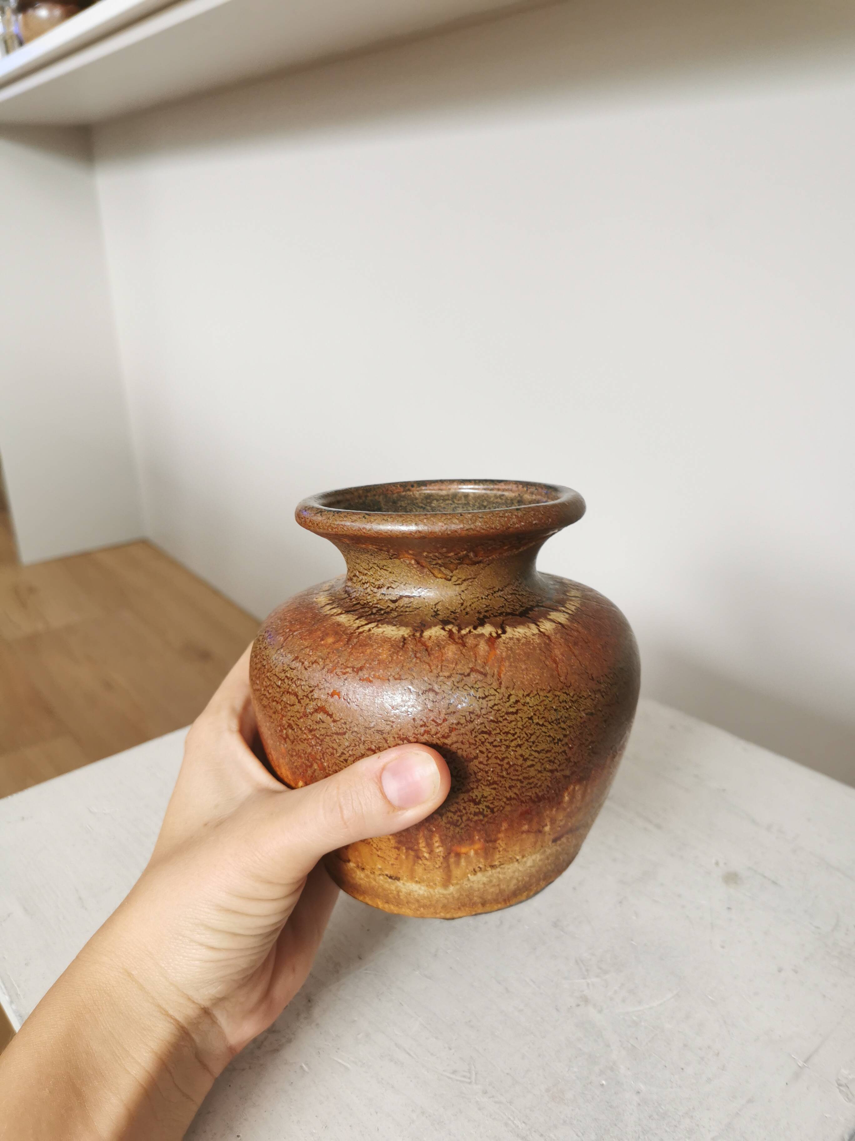 Fat Lava Pottery Vase: Vintage West Germany 202-13, Brown Drip Glaze