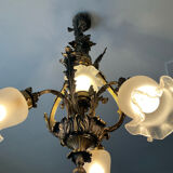 Ancien lustre cage en bronze et 4 feux tulipe