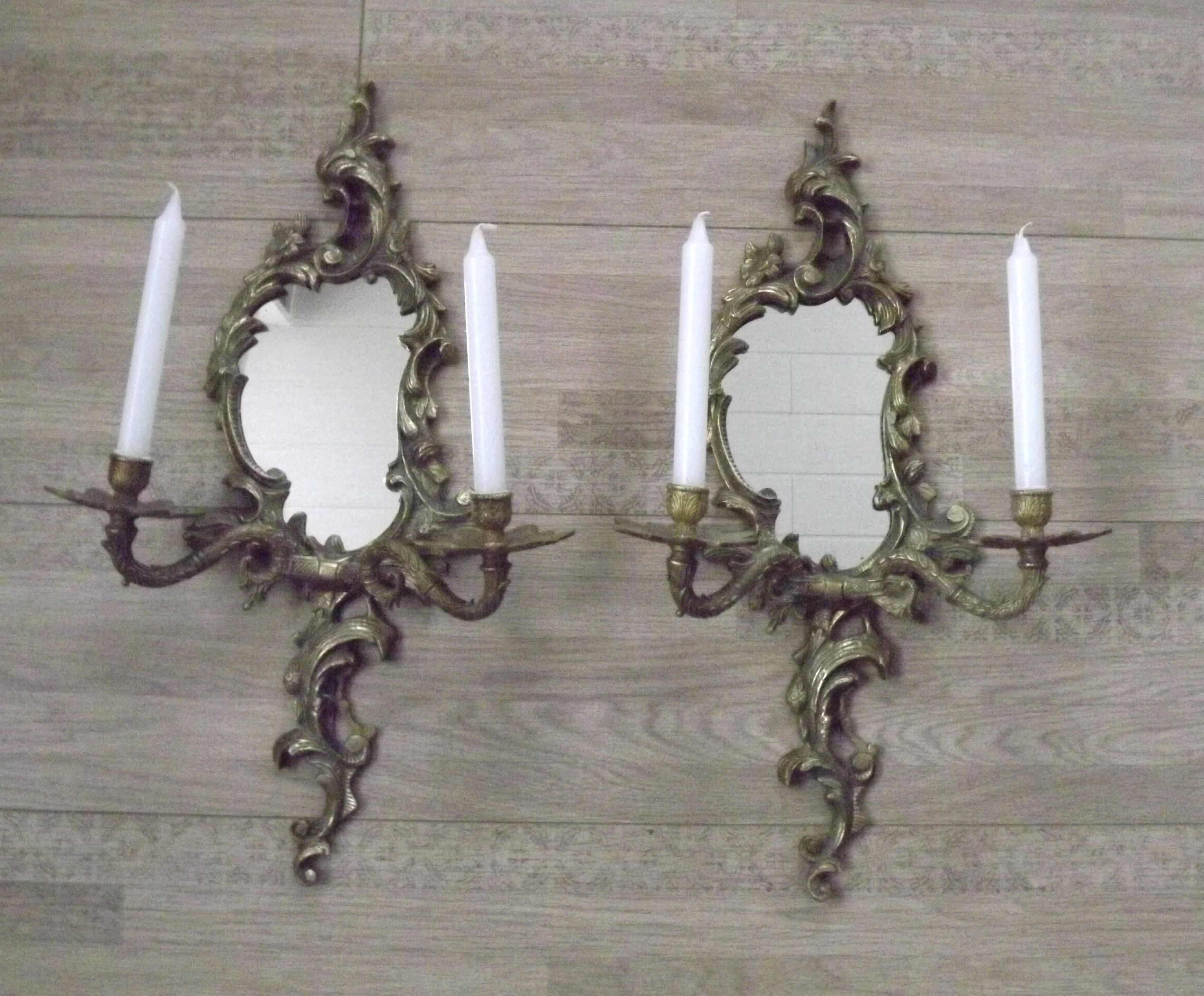 Large Pair of French Antique Bronze Mirror Double Candle Wall Sconces 5127