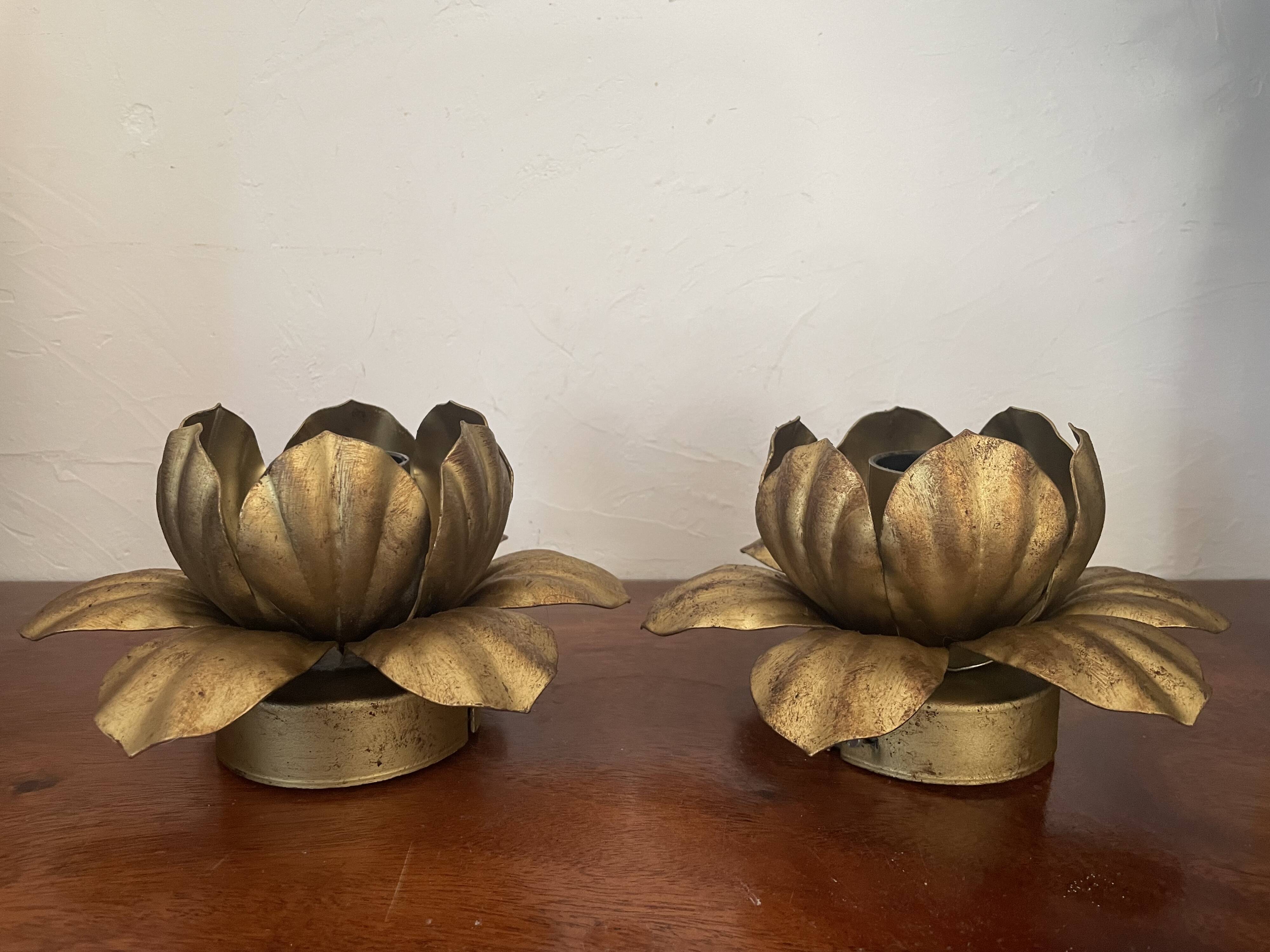 Pair of vintage gold metal flower wall lights