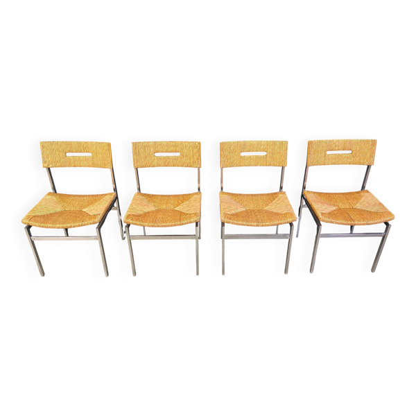 Chaises de salle à manger en osier belge et chrome, années 1970 - ensemble de 4