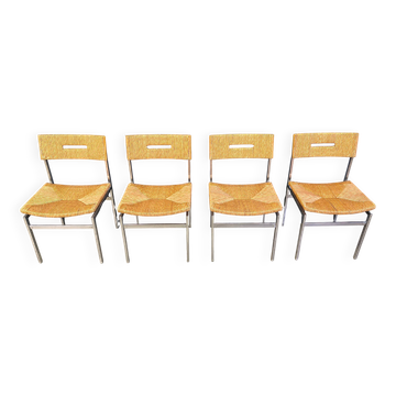 Chaises de salle à manger en osier belge et chrome, années 1970 - ensemble de 4