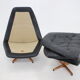 Madsen and Schubell Black Leather Reclining Chair and Stool, Denmark 1960